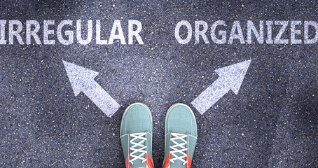 Irregular and organized as different choices in life - pictured as words Irregular, organized on a road to symbolize making decision and picking either one as an option, 3d illustration