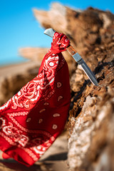 Knife and bandana on a tree in the dessert