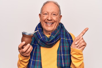 Senior handsome grey-haired man wearing casual scarf drinking cup of mate infusion beverage smiling happy pointing with hand and finger to the side © Krakenimages.com