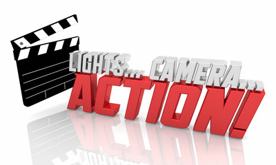 Lights Camera Action Movie Film Clapper Production Starts Begins 3d Illustration