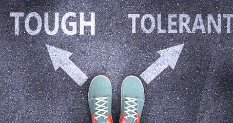 Tough and tolerant as different choices in life - pictured as words Tough, tolerant on a road to symbolize making decision and picking either Tough or tolerant as an option, 3d illustration