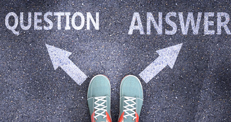Question and answer as different choices in life - pictured as words Question, answer on a road to symbolize making decision and picking either Question or answer as an option, 3d illustration