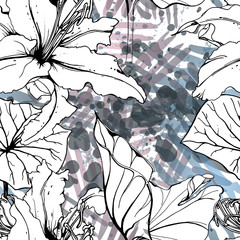 Fototapeta premium Floral Black White Pattern. Modern Watercolor
