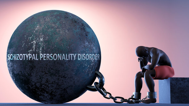 Schizotypal personality disorder as a  weight in life - symbolized by a person in chains attached to a prisoner ball to show that Schizotypal personality disorder can cause suffering, 3d illustration