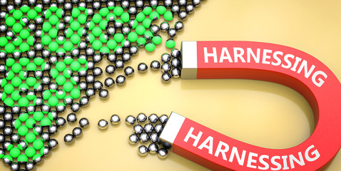 Harnessing attracts success - pictured as word Harnessing on a magnet to symbolize that Harnessing can cause or contribute to achieving success in work and life, 3d illustration