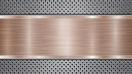 Background of silver perforated metallic surface with holes and horizontal bronze polished plate with a metal texture, glares and shiny edges