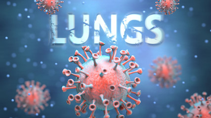 Obraz premium Covid and lungs, pictured as red viruses attacking word lungs to symbolize turmoil, global world problems and the relation between corona virus and lungs, 3d illustration