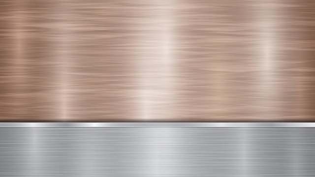 Background consisting of a bronze shiny metallic surface and one horizontal polished silver plate located below, with a metal texture, glares and burnished edges
