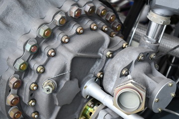 Closeup on a turboprop aircraft engine.