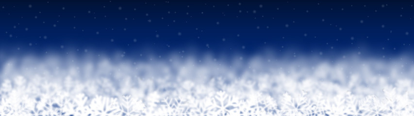 Fototapeta na wymiar Christmas background of snowflakes of different shape, blur and transparency, located bottom, on blue background