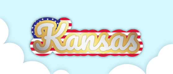 "Kansas" banner, big bold stroke style text. Editable removable background. Gold and silver script on the US flag, in sky with clouds. Vector Illustration.