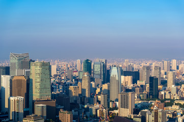 東京都港区六本木の高層ビルの展望台から見た夕方の東京の都市景観