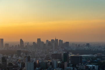 Fototapeta premium 東京都港区六本木の高層ビルの展望台から見た夕方の東京の都市景観
