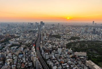 Obraz premium 東京都港区六本木の高層ビルの展望台から見た夕方の東京の都市景観
