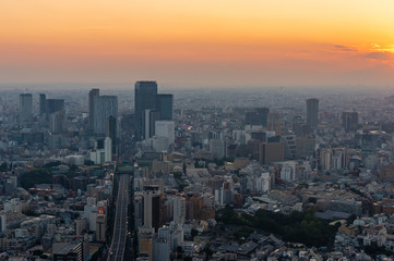 Obraz premium 東京都港区六本木の高層ビルの展望台から見た夕方の東京の都市景観