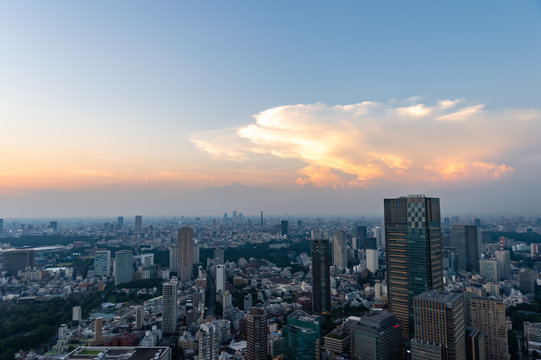 東京都港区六本木の高層ビルの展望台から見た夕方の東京の都市景観 © zu_kuni