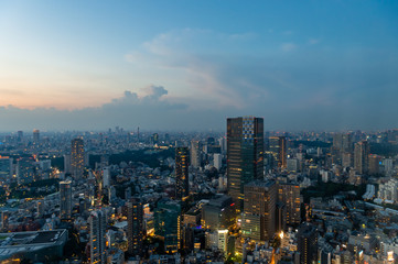 Obraz premium 東京都港区六本木の高層ビルの展望台から見た夕方の東京の都市景観