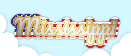 "Mississippi" banner, big bold stroke style text. Editable removable background. Gold and silver script on the US flag, in sky with clouds. Vector Illustration.