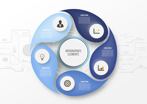 Vector infographic technology with 3D paper label, integrated circles. Business concept with 5 options. For content, diagram, flowchart, steps, parts, timeline infographics, workflow, chart.
