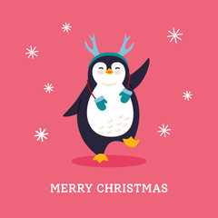 Winter holidays postcard, penguin cartoon greeting Merry Christmas. Funny happy New year animal winter character. Cute card flat hand drawn penguin banner. Isolated vector illustration