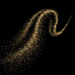Dinamic golden trail with sparkling particles. Abstract motion of vortex wavy lines. Effect of spray, atomizing and fog isolated on black background