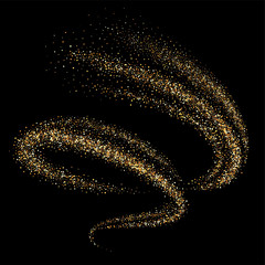 Golden shimmering swirl, vortex or spiral. Isolated abstract motion on black background. Glittering star dust trail. Magic sparkling lines