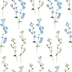 Botanical hand drawing seamless pattern. Branches with flowers and leaves. Trendy abstract vector texture. Fashion print, fabric, design. Hand drawn blue and grey flowers on white background