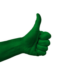 Hand making thumbs up sign, libya painted with flag as symbol of thumbs up, like, okay, positive  - isolated on white background