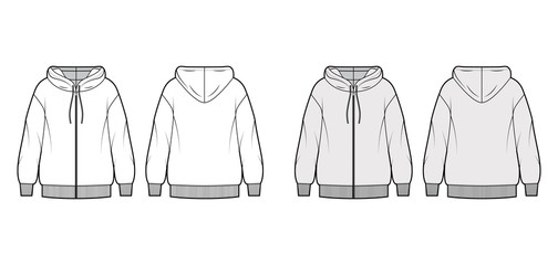 Zip-up oversized cotton-fleece hoodie technical fashion illustration with relaxed fit, long sleeves. Flat jumper apparel template front, back, white, grey color. Women, men, unisex sweatshirt top CAD