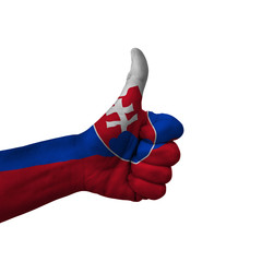 Hand making thumbs up sign, slovakia painted with flag as symbol of thumbs up, like, okay, positive  - isolated on white background