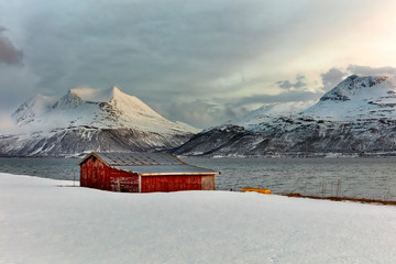 Tromso-2630, mountains and barn Tromso Norway