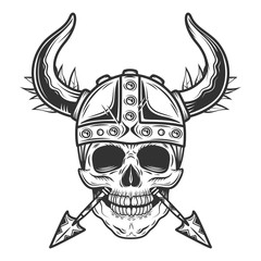Vintage monochrome viking skull in horned metal helmet and crossed arrows isolated vector illustration
