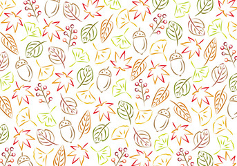 紅葉やイチョウなど秋の模様背景　手書き風の小柄　横