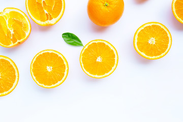 Fototapeta na wymiar High vitamin C, Juicy and sweet. Fresh orange fruit on white.