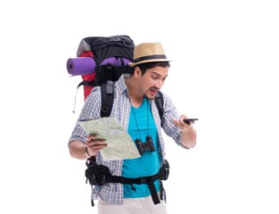 Man lost and looking for direction with map on white