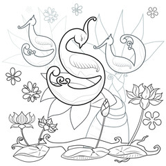 Outline of bird and lotus on white background. Vector illustration