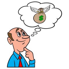 Thinking about a Flying Bag of Money - A cartoon illustration of a man thinking about a flying bag of Money.