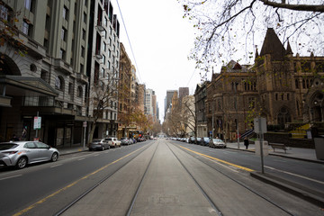 A view of the empty streets of Melbourne CBD during Stage 4 Lockdowns.