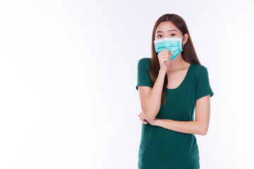 Student young woman wearing safety medical mask protection from inhaling airborne bacteria or virus disease and air pollution problem on nose over isolated white background. Health care concept.