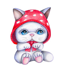 Cute pretty cartoon little kitten in red cap, sitting. Watercolor hand drawn illustration for babies and kids. Isolated on white background.