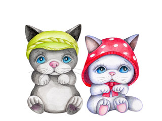 Two cute pretty cartoon little kittens in caps, sitting. Watercolor hand drawn illustration for babies and kids. Isolated on white background.