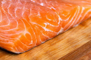 Closeup of a Raw Salmon Fish Fillet Showing Its Well Marbled Meat