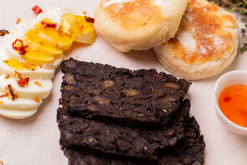 Black Pudding Breakfast, black pudding, sandwich, fried food, English food, irish breakfast,scottish breakfast,irish food, scottish food, delicious, blood products,
