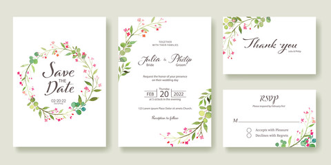 Wedding Invitation, save the date, thank you, rsvp card Design template. Vector. Summer pink flower.