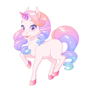 Pretty pink baby unicorn with colorful curly mane. Vector illustration.