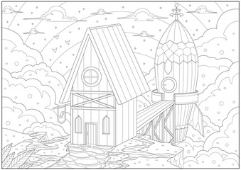 Fantasy rocket garage in the sky cliff, Adult and kid coloring page in stylish vector illustration for education and learning