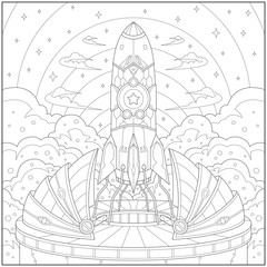 Fantasy Sky Rocket, Adult and kid coloring page in stylish vector illustration for education and learning