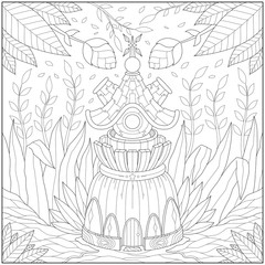 Fantasy tiny house, adult and kid coloring page in stylish vector illustration for education and learning
