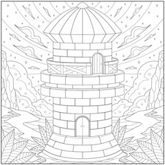 Fantasy watch tower, Adult and kid coloring page in stylish vector illustration for education and learning