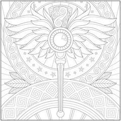 Fantasy wings staff, Adult and kid coloring page in stylish vector illustration for education and learning
